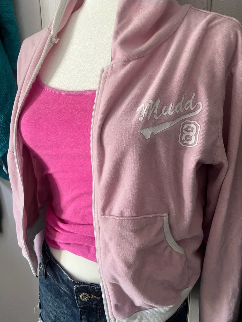 2000s Mudd Light Pink Velour Zip Hoodie with Bright Pink Tank